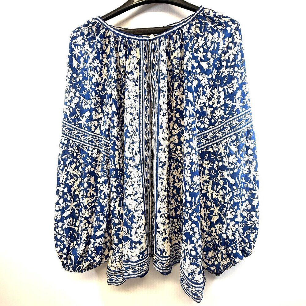 Max Studio Blue and White Floral Peasant Blouse